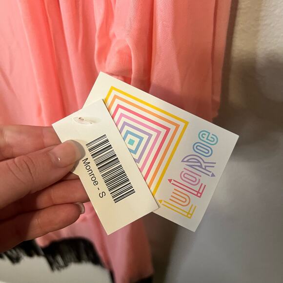 NWT LuLaRoe Pink and Black Monroe Fringe Cardigan Size S - Picture 2 of 3